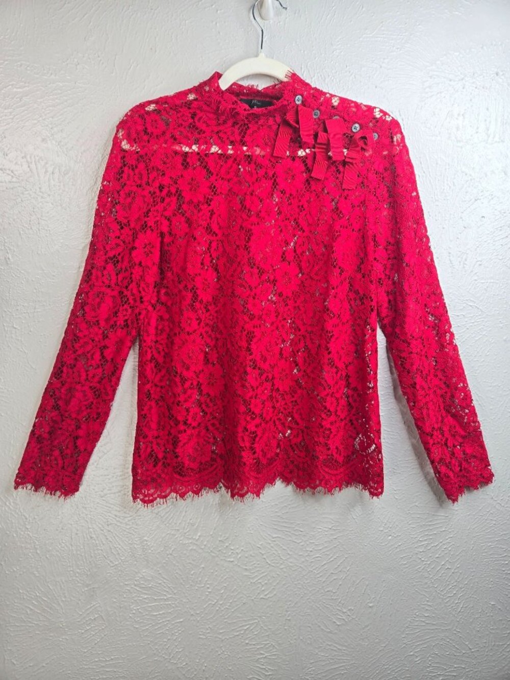 J.Crew Sheer Lace Top Small Red Floral Lon Sleeve Bow Blouse Romatic Dressy Glam